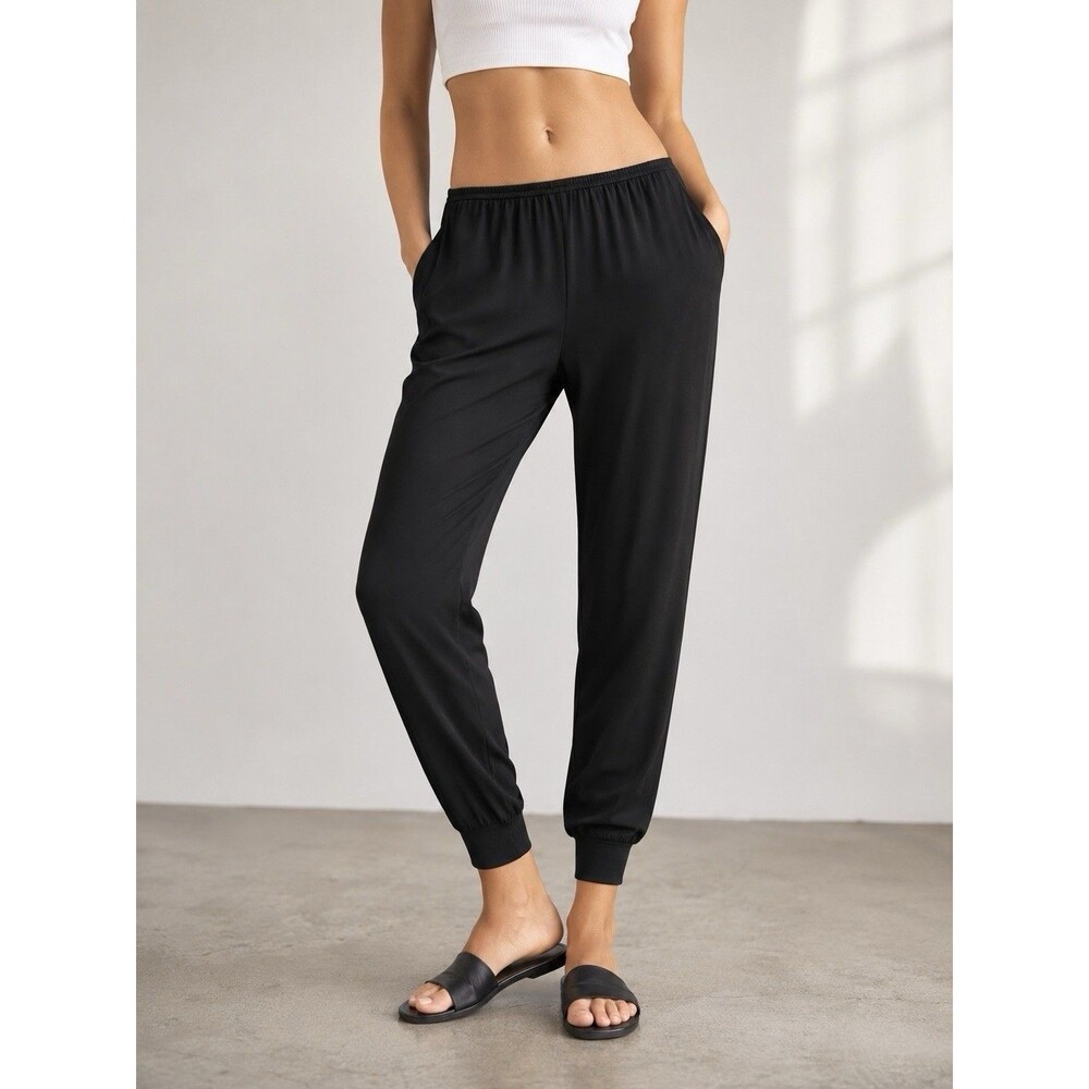 Theory Silk Georgette Rib Cuff Jogger Pants Black Pull On Women M Minimalist